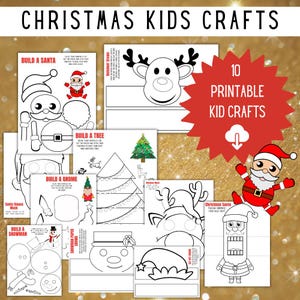 Puede incluir: Una colección de manualidades navideñas imprimibles para niños. La imagen presenta varias plantillas para construir un Papá Noel, un muñeco de nieve, un gnomo y un árbol de Navidad. Las manualidades son en blanco y negro, con un gráfico de estrella roja que dice "10 Manualidades imprimibles para niños".