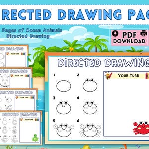 May include: A colorful educational pack titled "DIRECTED DRAWING PACK" with instructions for drawing ocean animals. The pack includes 10 pages of directed drawing activities, with step-by-step guides for drawing various sea creatures. A PDF download is available.