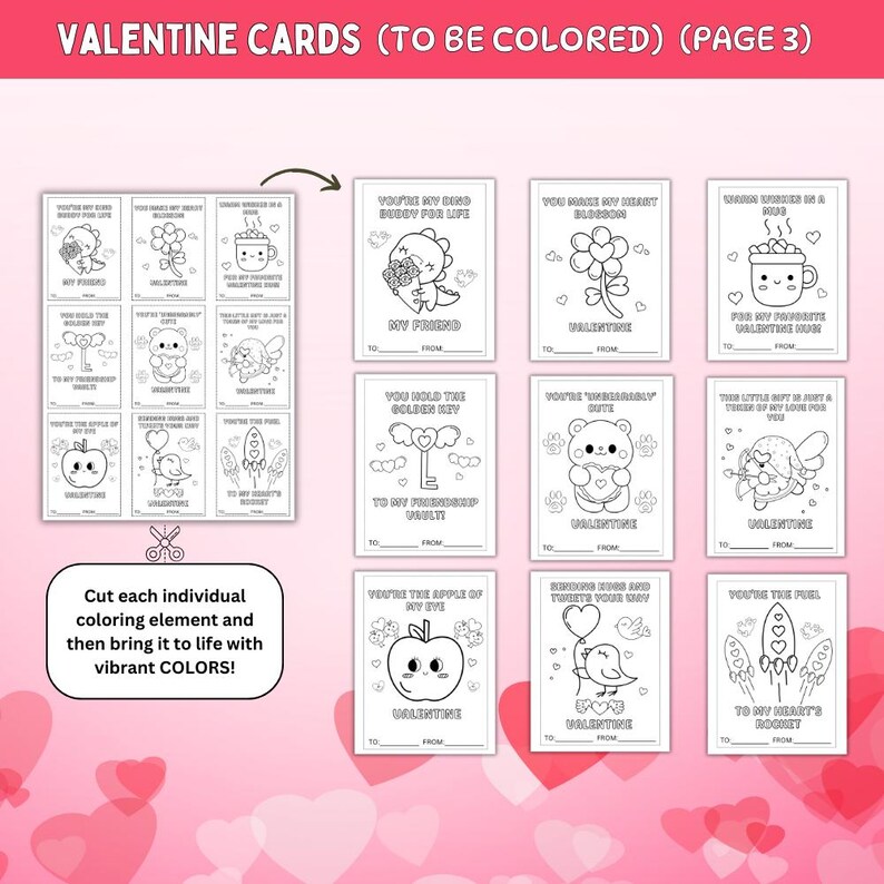 Valentine Coloring Cards Printable Kids Classroom Exchange DIY Color ...