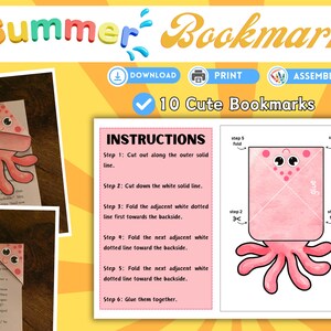 May include: Colorful image featuring DIY summer bookmarks. The design includes a pink octopus bookmark on a book page, and instructions for assembling the bookmarks. The text reads "Summer Bookmarks" and "10 Cute Bookmarks".