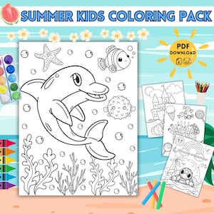 May include: A "Summer Kids Colouring Pack" featuring a dolphin, starfish, and fish. The pack includes several colouring pages with summer themes, such as a castle, ice cream, and a turtle. The image also shows a watercolour paint set and coloured pencils.