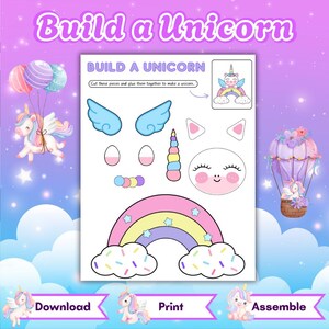 Può includere: Un kit artigianale stampabile "Costruisci un unicorno" con un arcobaleno, nuvole e parti di unicorno. Il kit include ali, un corno e una faccia sorridente. Le parole "Build a Unicorn", "Download", "Print" e "Assemble" sono visibili.