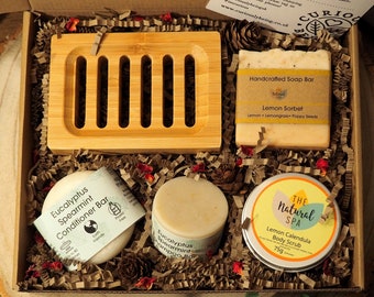 Eco Shower Gift Box: Lemon Eucalyptus Spa Set, Bamboo Soap Dish, UK Made