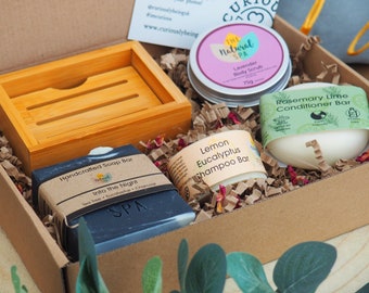 Shower Spa Gift Box: Shampoo, Conditioner Bars, Body Scrub, Soap & Bamboo Dish