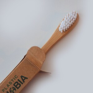 May include: A brown cardboard box with the text "PLASTIC PHOBIA" printed on it. The box is open and a bamboo toothbrush with white bristles is partially sticking out.