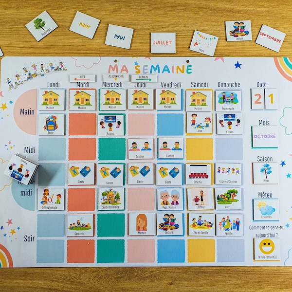 120 Magnets/Grand Semainier Magnétique évolutif / inspiration Montessori / Semainier enfant