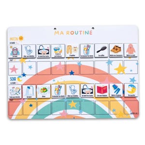 Può includere: Un grafico di routine giornaliera rettangolare bianco con la scritta "MA ROUTINE" in alto. Il grafico presenta icone illustrate per le attività mattutine e serali, tra cui lavarsi i denti, vestirsi e andare a letto. Un design arcobaleno è in basso.