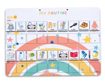 Puede incluir: Un cuadro de rutina diaria rectangular blanco con las palabras "MA ROUTINE" en la parte superior. El cuadro presenta iconos ilustrados para las actividades de la mañana y de la noche, como cepillarse los dientes, vestirse e irse a la cama. Un diseño de arcoíris en la parte inferior.