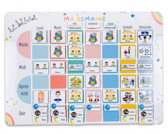 Puede incluir: Un tablero de programación semanal colorido con el texto "MA SEMAINE" en la parte superior. El tablero está dividido en secciones para cada día y hora, con iconos ilustrados que representan diversas actividades.