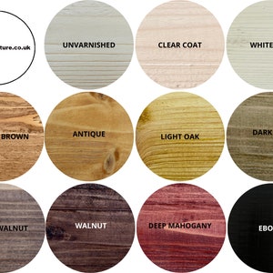 May include: A chart of 12 wood stain colors, including Unvarnished, Clear Coat, Whitewash, Rugger Brown, Antique, Dark Oak, Light Oak, Light Walnut, Walnut, Deep Mahogany, and Ebony.