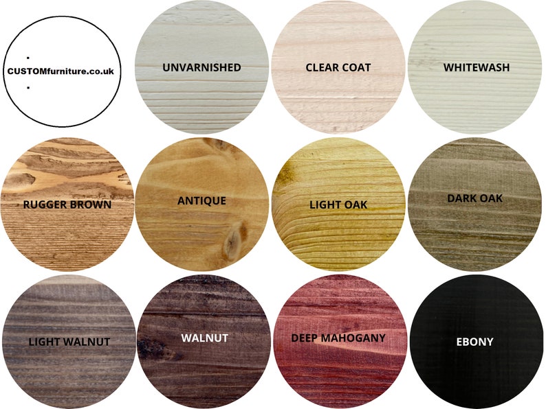May include: A chart of 12 wood stain colors, including Unvarnished, Clear Coat, Whitewash, Rugger Brown, Antique, Dark Oak, Light Oak, Light Walnut, Walnut, Deep Mahogany, and Ebony.