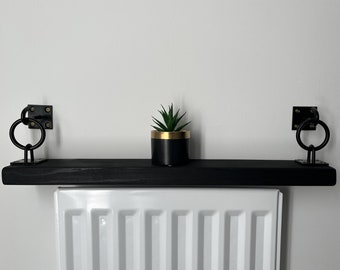 15cm x 3.4cm Thick Narrow Floating / Hanging Shelf with Black Chain Plate Hook Brackets, Various Size Finish, Solid Brick Masonry Wall