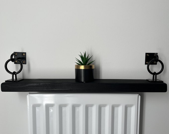 Featured listing image: 15cm x 3.4cm Thick Narrow Floating / Hanging Shelf with Black Chain Plate Hook Brackets, Various Size Finish, Solid Brick Masonry Wall