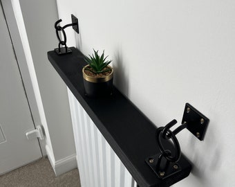 10cm x 3.4cm Thick Narrow Floating / Hanging Shelf with Black Chain Plate Hook Brackets, Various Size Finish, Plasterboard Drywall