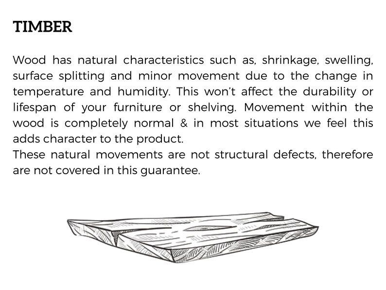 May include: A hand-drawn illustration of a piece of wood with the text "TIMBER" and a description of the natural characteristics of wood, including shrinkage, swelling, and surface splitting. The text states that these natural movements are not structural defects and are not covered by the guarantee.