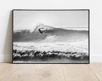 Digital Download - Surfer Black and White Ocean Print - Monochrome Coastal Wall Art