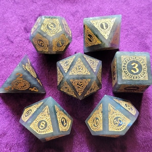 Labradorite Gemstone Polyhedral Dice Set Gold Engraved, Divination, Roleplaying Games, RPG, DnD, Dungeons & Dragons, with Leather Case