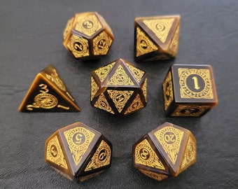 Tiger's Eye Gemstone Polyhedral Dice Set Gold Engraved, Divination, Roleplaying Games, RPG, DnD, Dungeons & Dragons, with Leather Case