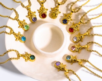Collar personalizado de piedra de nacimiento de oro Vintage Guardian Angel Styple, envío gratuito a prueba de agua Dainty Collar, regalo para ella, joyería personalizada