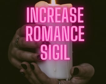 May include: A white candle with a pink neon sign that reads "INCREASE ROMANCE SIGIL" held in two hands.