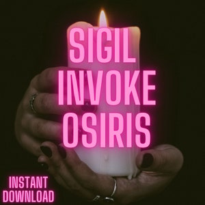 Op de afbeelding: Een witte kaars met een roze neon-bord met de tekst "SIGIL INVOKE OSIRIS" en de woorden "INSTANT DOWNLOAD" onder de kaars.