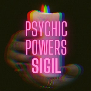 Puede incluir: Una vela rosa con las palabras "Psychic Powers Sigil" en ella, sostenida en una mano con un efecto arcoíris.