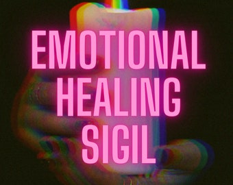 May include: A pink candle with a rainbow flame, held in a hand. The text "EMOTIONAL HEALING SIGIL" is written in pink letters above the candle.