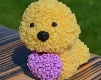 3D-siliconen mal puppy in bloemen met hart – Mal voor zeep en was