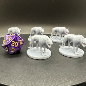 May include: Five gray plastic miniature figures of a wolf-like creature with a snarling expression. The figures are standing on small round bases. A purple 20-sided die with gold numbers is in the foreground.
