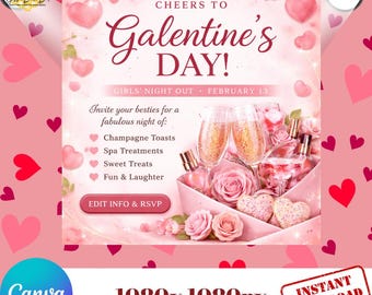 Galentines Mädchennachteinladung, rosa Galentinenparty digitale Vorlage, Valentinstags-Cocktailmädchennachteinladung, Canva Editable