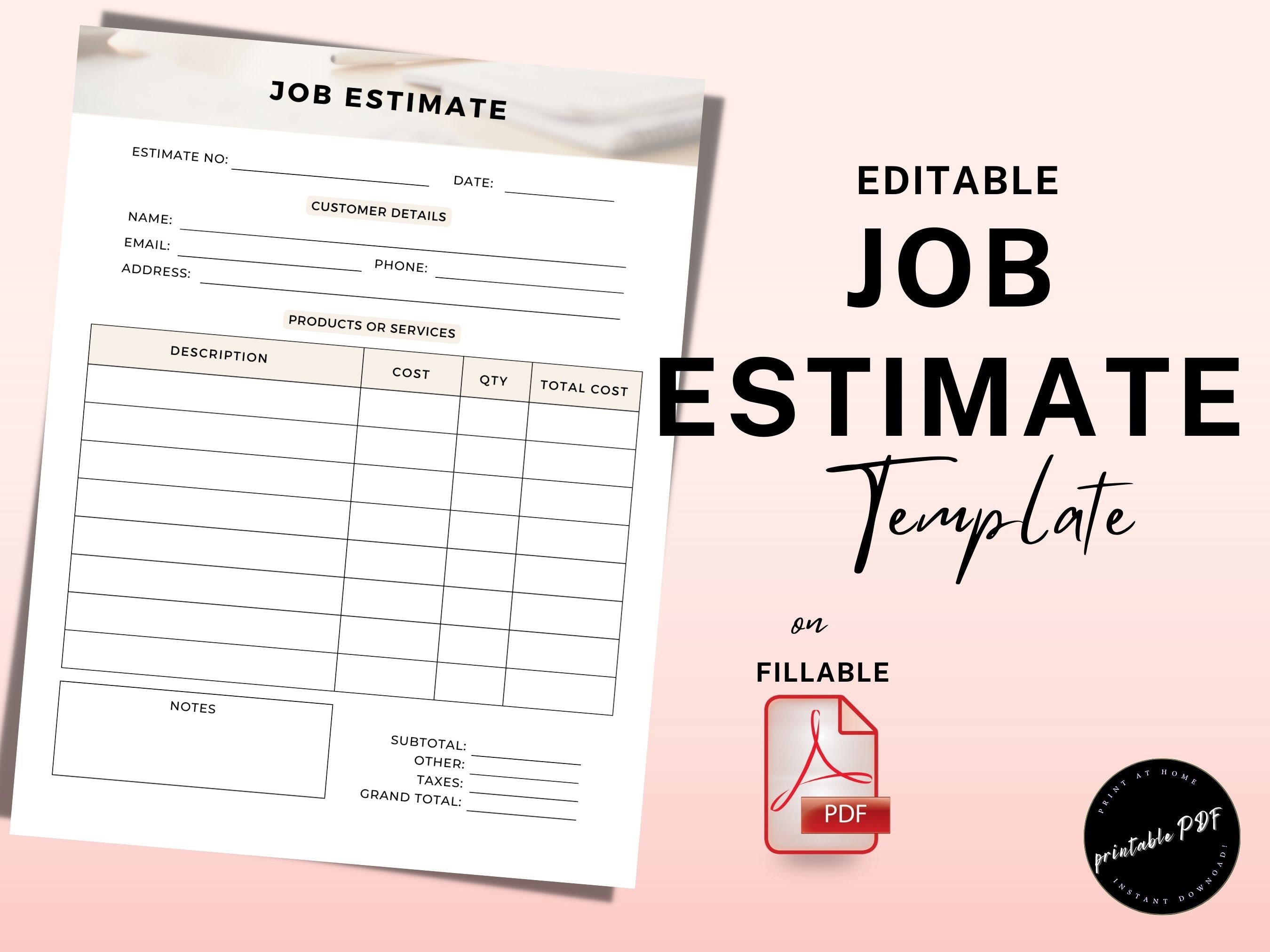 Custom Job Estimate Template Small Business Template Printable Proposal 