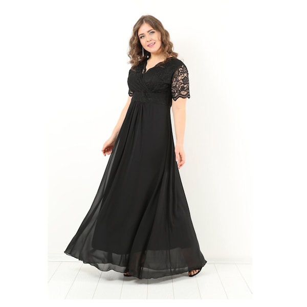 Robe grande taille, Robe élégante pour femme, Robe en mousseline noire, Robe de cocktail pour femme, Robe en mousseline de soie, Robe mère, Robe de soirée, Robe de bal