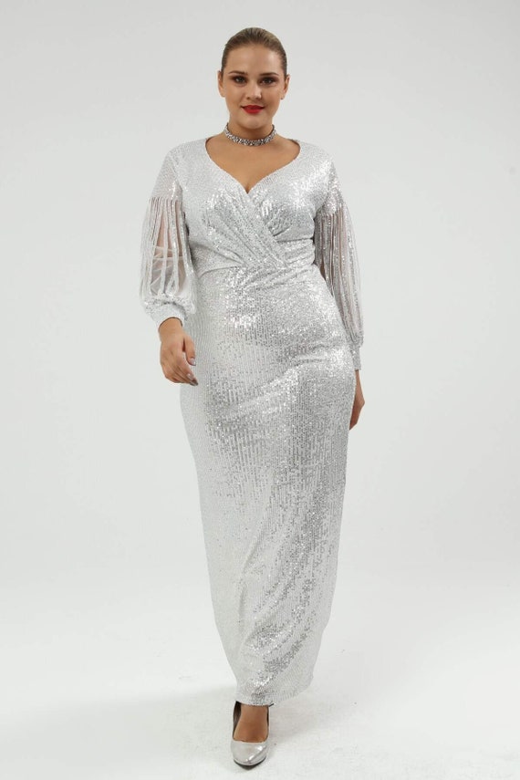 slim fit dress slacks Plus Size Sequin Off Shoulder Gown by Ladivine CD396C – ABC Fashion main image 1