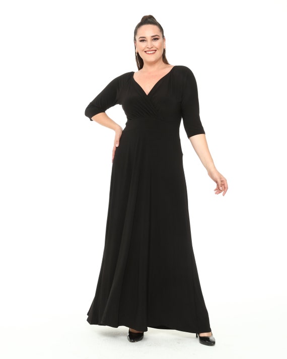 Plus Size Black Evening Gown, Formal Lycra Maxi Dress