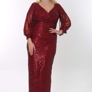 Sukienka Plus Size, Elegancka sukienka, Sukienka z cekinami, Sukienka z długim rękawem, Burgundowa sukienka z cekinami, Suknia ślubna z długim rękawem, Sukienka dla druhny, Sukienka