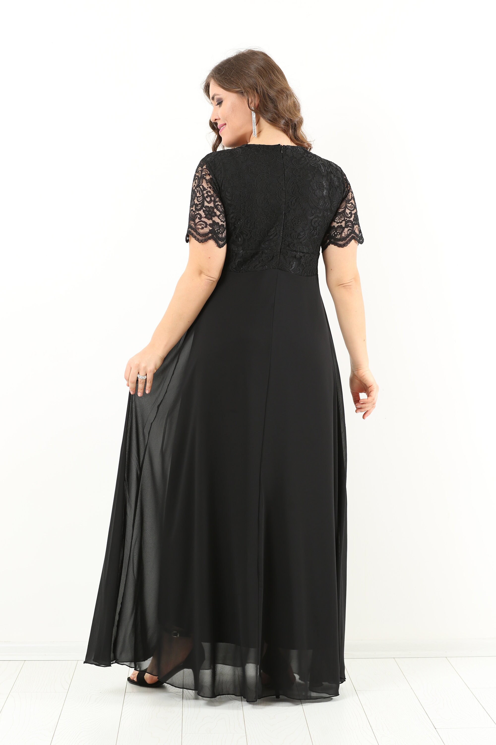 Plus Size Black Chiffon Maxi Dress, Lace Cocktail Evening Gown