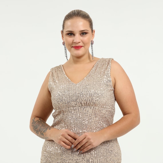 white christmas dresses Plus Size Formal Champagne Sequin Fringe Floor Length Maxi Dress