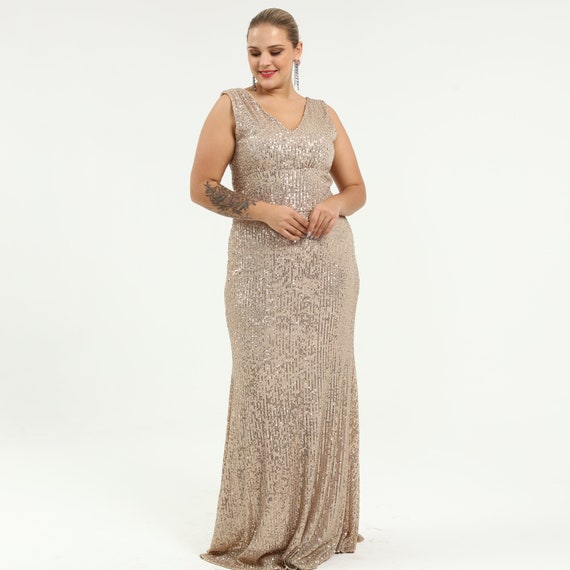 slim fit dress slacks Champagne Gold Plus Size Sparkly Sequin Feather Trumpet Prom Dress main image 1