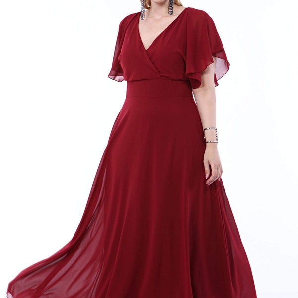 Plus Size Dress, Chiffon Fabric Dress, Chiffon Long Dress, Women Dress, Short Sleeve Burgundy Dress, V-Neck Dress, Long Dress