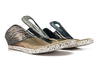 Modzori Women’s Grazia Reversible Vegan Wedge Sandal - Silver Croc flips to Blue Metallic