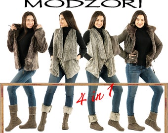 May include: Four women model a 4-in-1 faux fur vest, jacket, and scarf. The vest is gray and brown with a long, flowing design. The jacket is brown and has a zipper closure. The scarf is gray and brown and can be worn as a wrap or a shawl. The women are wearing blue jeans and brown boots.