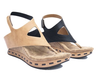 Modzori Women’s Venitia Reversible Vegan Wedge Sandal - Beige flips to Black