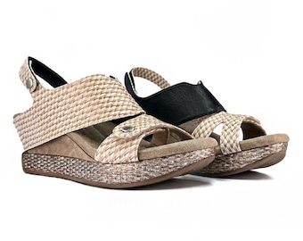 Modzori Women's Krista Reversible Vegan Wedge Sandal - Cream flips to Black