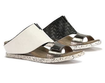Modzori Women’s Kleo Reversible Vegan Wedge Sandal - White flips to Black