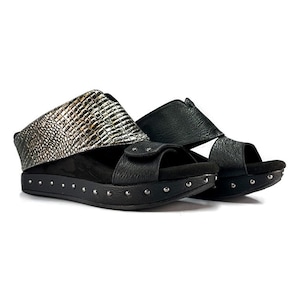 Modzori Women’s Argo Reversible Vegan Wedge Sandal - Black flips to Silver Croc