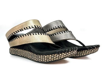 Modzori Women’s Tita Reversible Vegan Wedge Sandal - Tan flips to Pewter Metallic