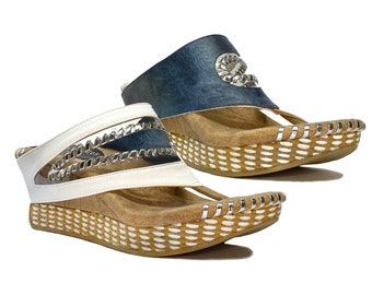 Sandalias de cuña veganas reversibles Valencia Modzori para mujer - El blanco cambia a azul marino