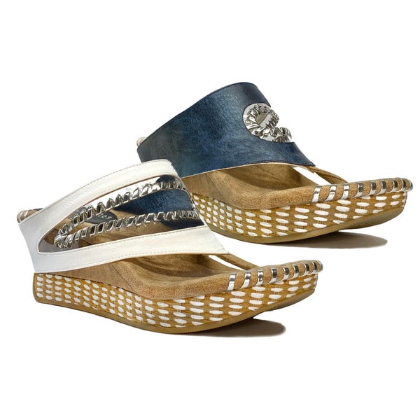 Modzori Women’s Valencia Reversible Vegan Wedge Sandal - White flips to Navy