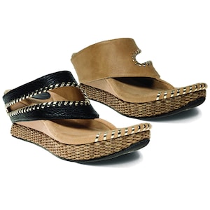 Modzori Women’s Tita Reversible Vegan Wedge Sandal - Black flips to Beige