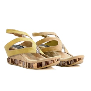 Modzori Women’s Zoey Reversible Vegan Wedge Sandal - Mustard flips to Beige